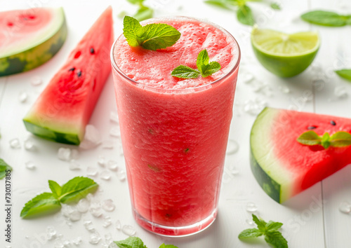 A glass of refreshing watermelon and mint smoothie isolated on white background. Fresh healthy drinks.