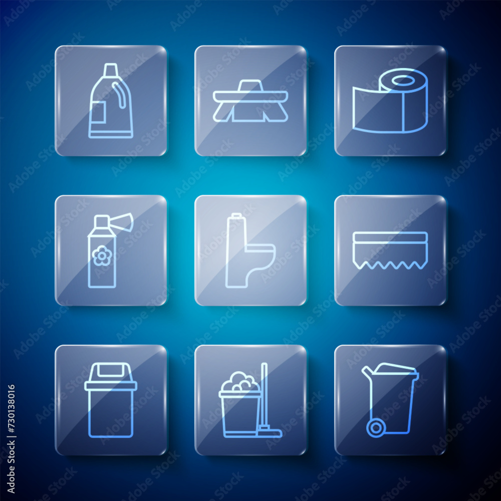 Set line Trash can, Mop and bucket, Toilet paper roll, bowl, Air freshener spray bottle, Bottle for cleaning agent and Sponge icon. Vector Set line Trash can, Mop and bucket, Toilet paper roll, bowl, Air freshener spray bottle, Bottle for cleaning agent and Sponge icon. Vector