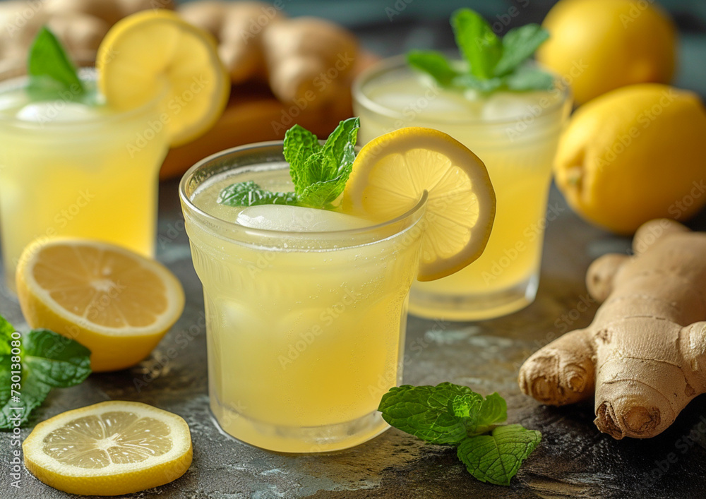 A rejuvenating ginger lemonade garnished with fresh mint leaves. Fresh healthy drinks. A rejuvenating ginger lemonade garnished with fresh mint leaves. Fresh healthy drinks.