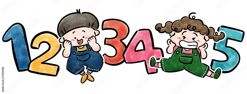 Fototapeta premium 数字と子どものかわいい手描きイラスト素材