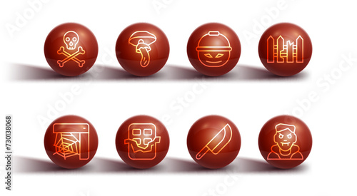 Set line Skull on crossbones, Spider web, Garden fence wooden, Knife, Chocolate bar, Psilocybin mushroom, Vampire and Pumpkin basket for sweets icon. Vector