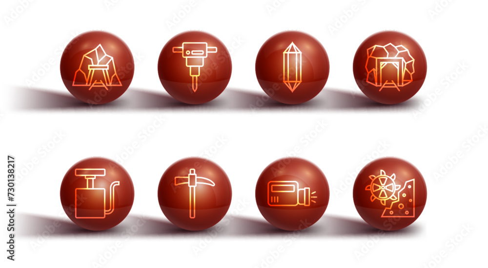 Set line Mine entrance, Handle detonator, Flashlight, Pickaxe, Construction jackhammer, Bucket wheel excavator and Gem stone icon. Vector Set line Mine entrance, Handle detonator, Flashlight, Pickaxe, Construction jackhammer, Bucket wheel excavator and Gem stone icon. Vector