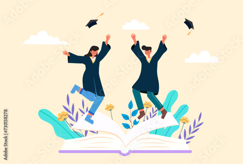 Vector illustration of two students celebrating graduation
