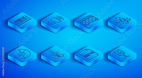 Set line Music synthesizer, Megaphone, Guitar amplifier, Electric bass guitar, MP4 file document, note, tone, Vinyl disk and Stereo speaker icon. Vector