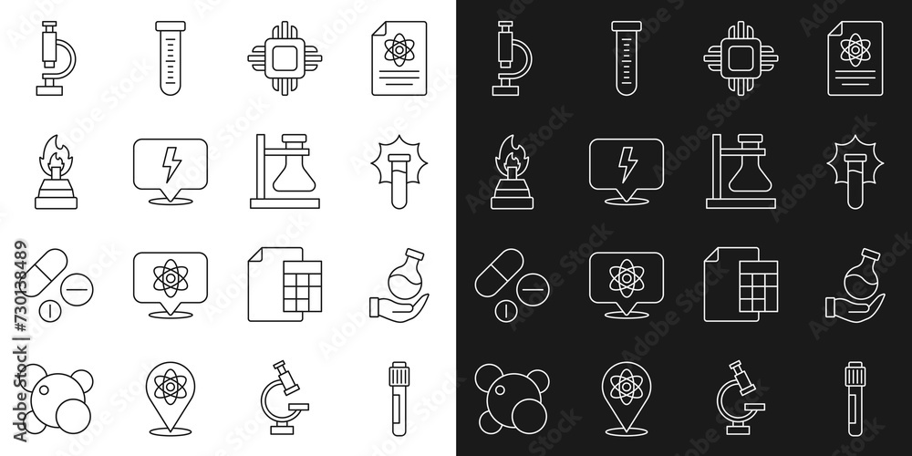 Set line Test tube, Explosion in the flask, Processor CPU, Lightning bolt, Alcohol spirit burner, Microscope and stand icon. Vector