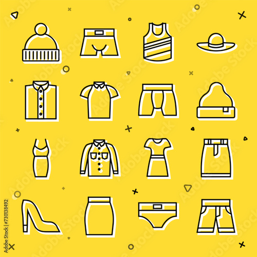 Set line Short or pants, Skirt, Beanie hat, Undershirt, Polo, Shirt, and Men underpants icon. Vector