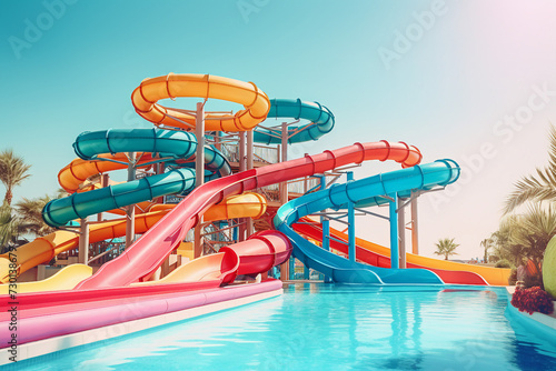 Generative AI picture aquatic excitement concept summer delight vibrant colorful sunny day aqua park family time