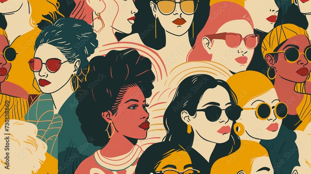 diverse women illustration pattern in a trendy style, bold colors