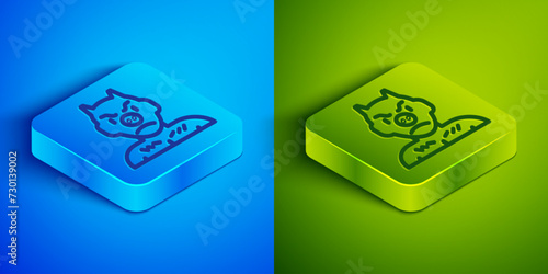 Isometric line Krampus, heck icon isolated on blue and green background. Horned devil. Traditional Christmas devil. Happy Halloween party. Square button. Vector