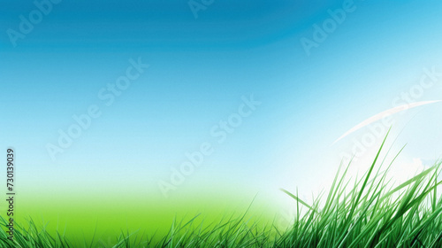 Green grass field and blue sky background with copy space. Nature landscape.