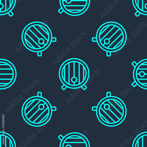 Green line Wooden barrel icon isolated seamless pattern on blue background. Alcohol barrel, drink container, wooden keg for beer, whiskey, wine. Vector