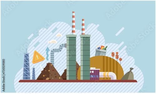 Nature pollution. Vector illustration. Unclean water sources are breeding ground for harmful bacteria and toxins Common pollutants include industrial waste, chemicals, and hazardous materials