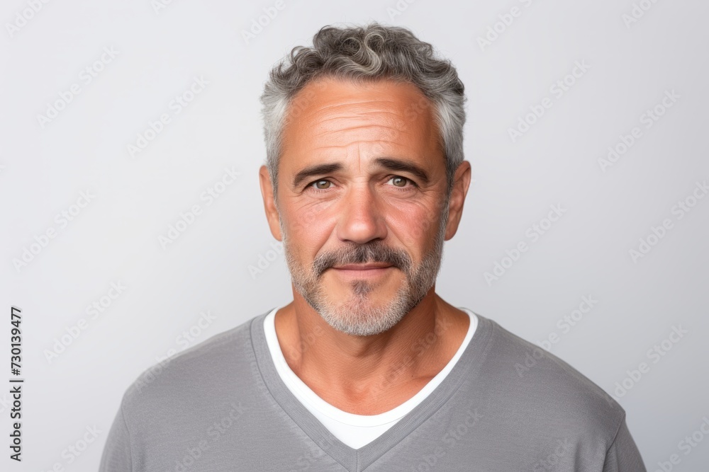 Handsome middle-aged man with grey hair and mustache looking at camera while standing against grey background Handsome middle-aged man with grey hair and mustache looking at camera while standing against grey background