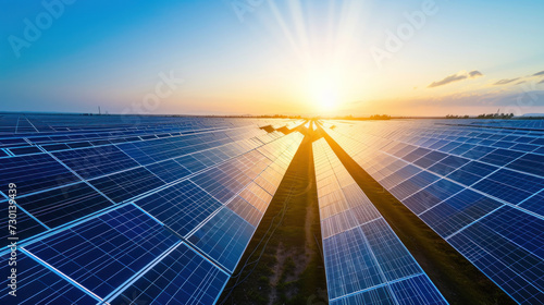 Solar park in desert, green renewable energy