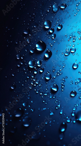 Water drops on dark blue background, close-up. Abstract background.