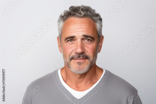 Handsome middle-aged man with grey hair and mustache looking at camera while standing against grey background