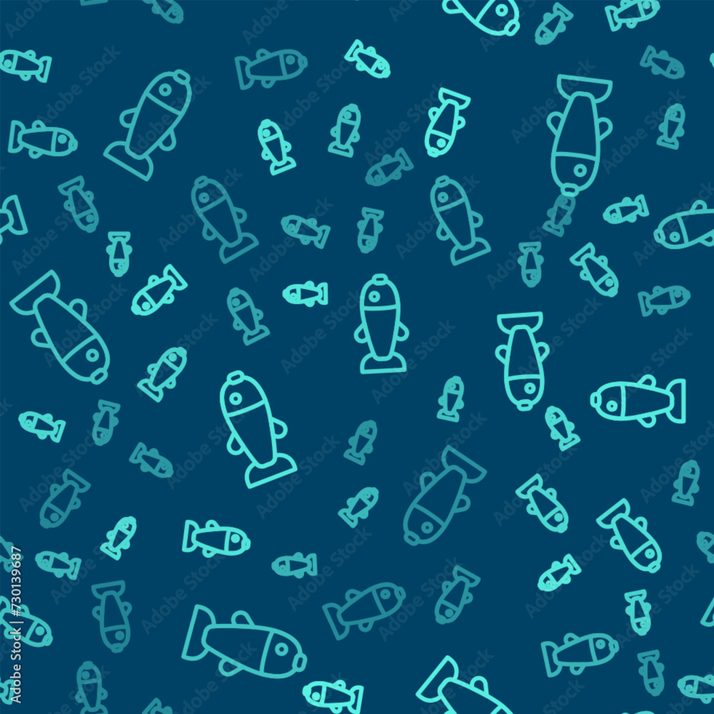 Green line Fish icon isolated seamless pattern on blue background. Vector Green line Fish icon isolated seamless pattern on blue background. Vector