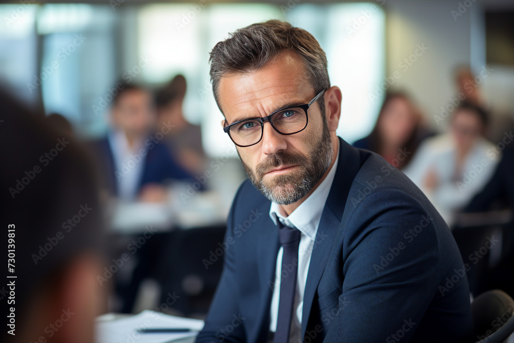 Generative AI image of successful busy professional middle aged businessman working in office Generative AI image of successful busy professional middle aged businessman working in office