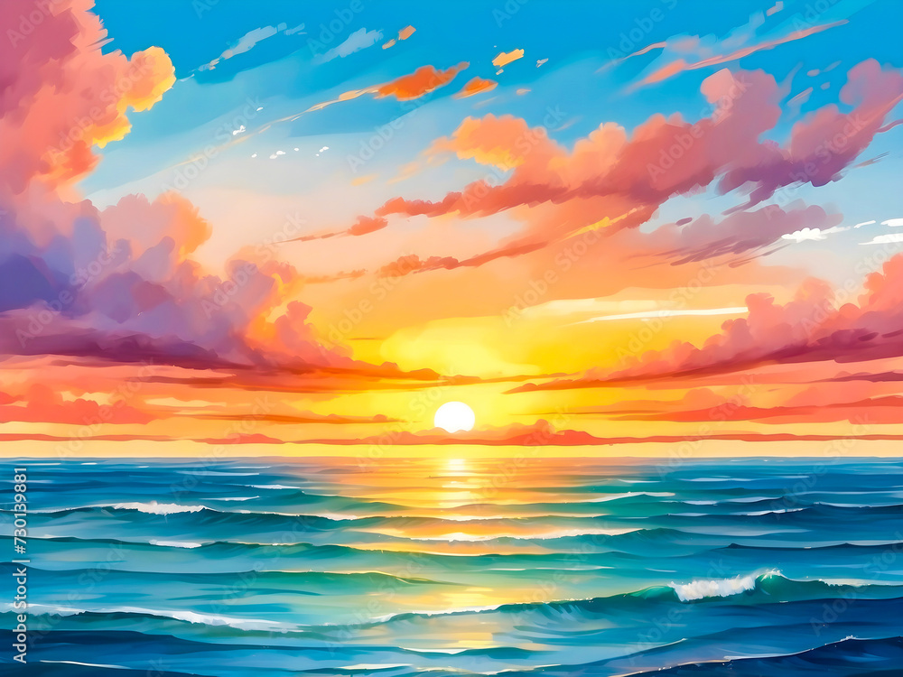 Watercolor illustration with sunset over the sea