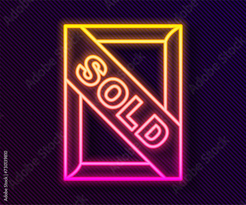 Glowing neon line Auction painting sold icon isolated on black background. Auction bidding. Sale and buyers. Vector