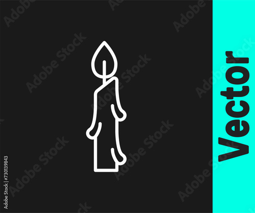 White line Burning candle icon isolated on black background. Cylindrical candle stick with burning flame. Vector