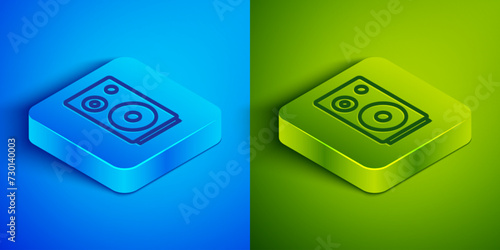 Isometric line Stereo speaker icon isolated on blue and green background. Sound system speakers. Music icon. Musical column speaker bass equipment. Square button. Vector