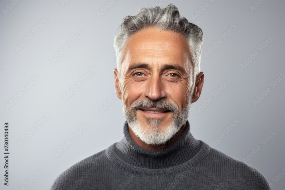 Handsome mature man with grey hair and beard. Studio shot.
