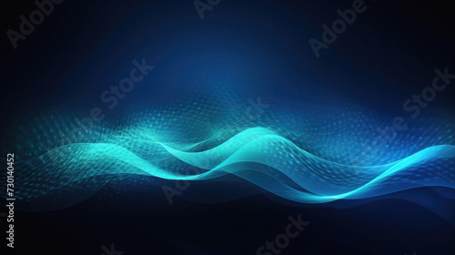 Glowing abstract wave created with particles on dark background.
