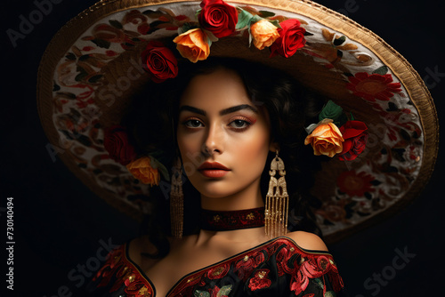 Portrait made with generative AI of young gorgeous mexican lady wear traditional sombrero hat