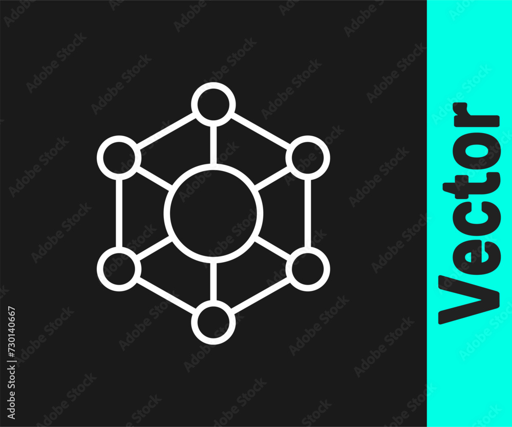 White line Molecule icon isolated on black background. Structure of molecules in chemistry, science teachers innovative educational poster. Vector White line Molecule icon isolated on black background. Structure of molecules in chemistry, science teachers innovative educational poster. Vector