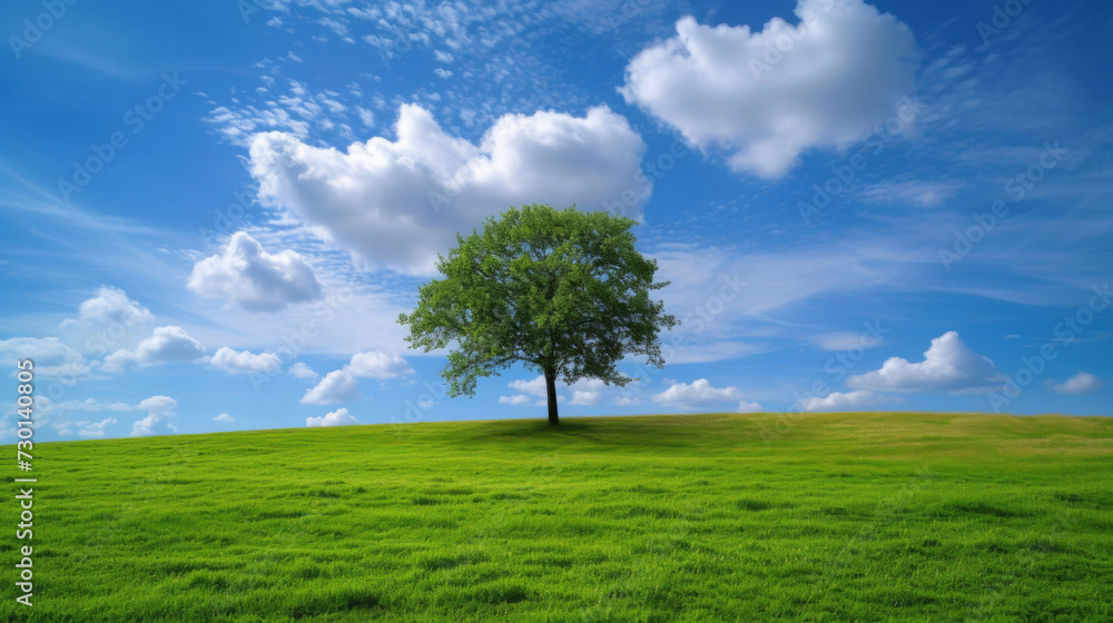 Obraz premium Green field tree and blue skygreat background.