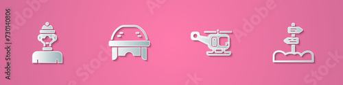 Set paper cut Winter athlete, Hockey helmet, Rescue helicopter and Road traffic signpost icon. Paper art style. Vector