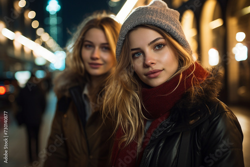 AI generated photo of beautiful happy girls walking together in the city park