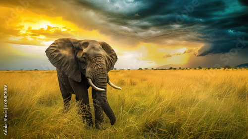Big elephant in savannah, stormy dramatic sky, sunset light