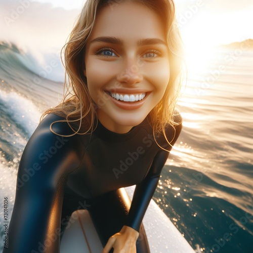 chica rubia y guapa haciendo surf en una playa australiana