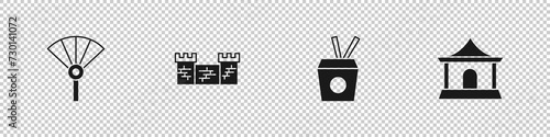 Set Chinese or japanese folding fan, Great wall of China, Noodles box and chopsticks and house icon. Vector