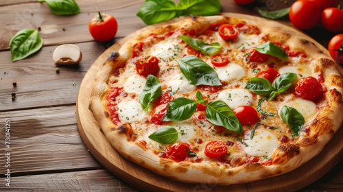 A traditional margherita pizza with a blistered crust, tomatoes, basil, and mozzarella