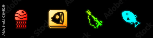 Set Jellyfish, Fish head, Fishing harpoon and Tropical icon. Vector
