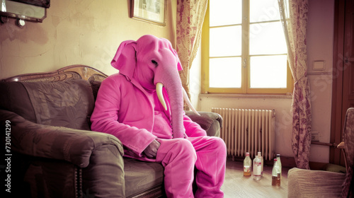 Pink elephant in apartment - alcoholic psychosis, delirium tremens concept photo