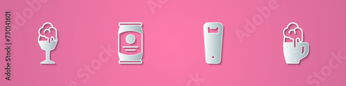 Set paper cut Glass of beer, Beer can, Bottle opener and icon. Paper art style. Vector