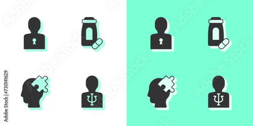 Set Psychology, Psi, Solution to the problem, and Sedative pills icon. Vector