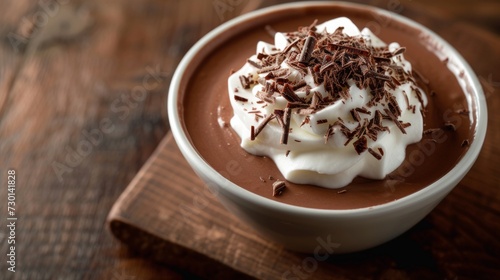 A velvety chocolate pudding topped with whipped cream and chocolate shavings, a decadent delight