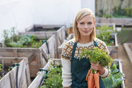 Garden, carrot and portrait of woman with plants for landscaping, planting flowers and growth. Agriculture, nature and happy person with vegetables outdoors for environment, nursery and gardening