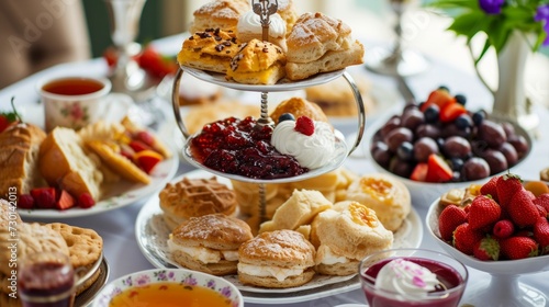 A traditional British afternoon tea spread, complete with scones, clotted cream, and jam