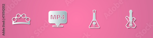 Set paper cut Tambourine, MP4 file document, Balalaika and Electric bass guitar icon. Paper art style. Vector
