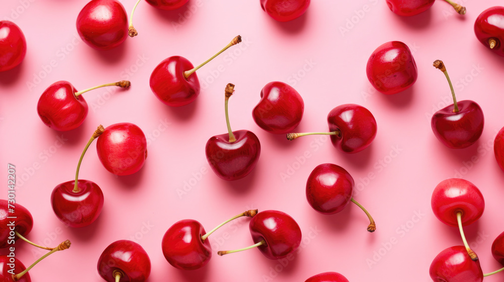 Red cherry on pink background. Ripe red cherry berries as background Red cherry on pink background. Ripe red cherry berries as background