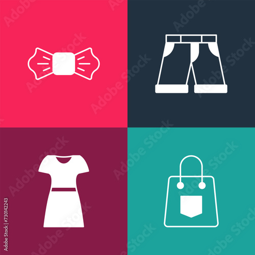 Set pop art Handbag, Woman dress, Short or pants and Bow tie icon. Vector