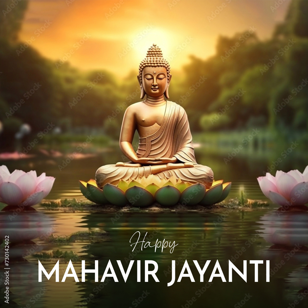 Happy Mahavir Jayanti, lord Mahavir statue - obrazy, fototapety, plakaty 