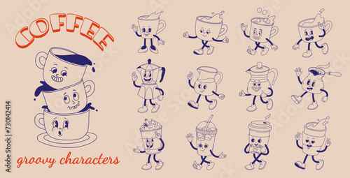Retro groovy set with coffee mascot, cartoon characters, funny colorful doodle style characters, cappuccino, cocoa, latte, espresso and americano. Vector illustration on beige isolated background.