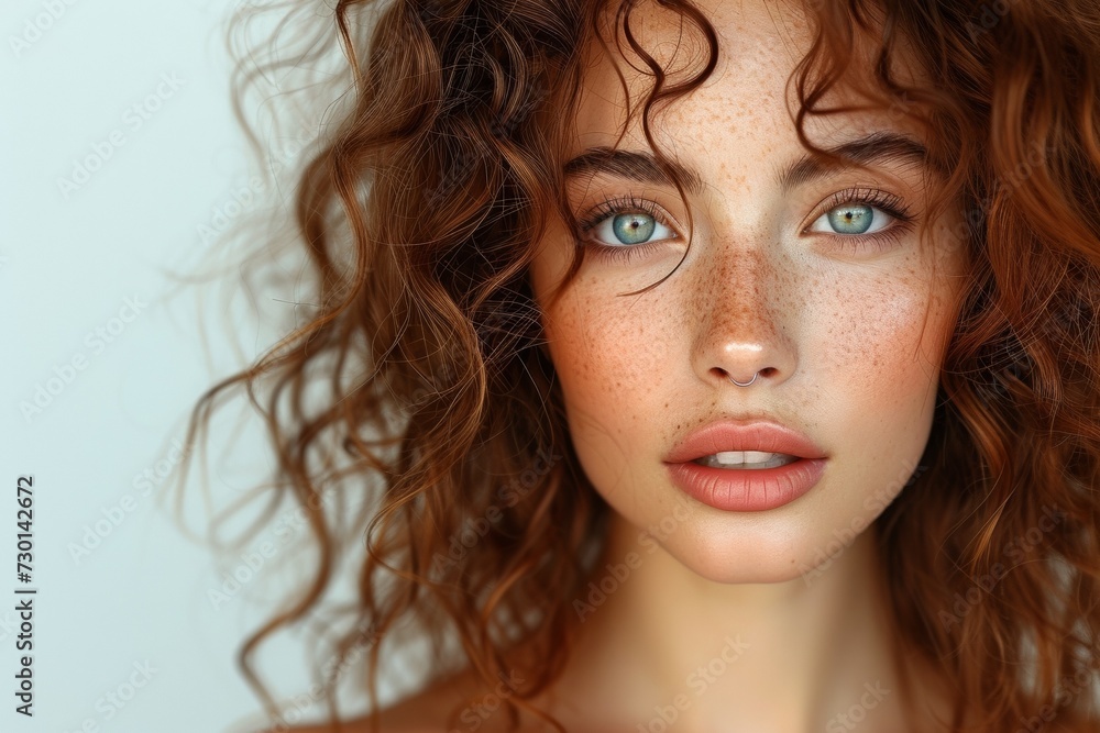 A young Caucasian woman with flawless skin and stylish makeup radiates beauty and elegance. A young Caucasian woman with flawless skin and stylish makeup radiates beauty and elegance.